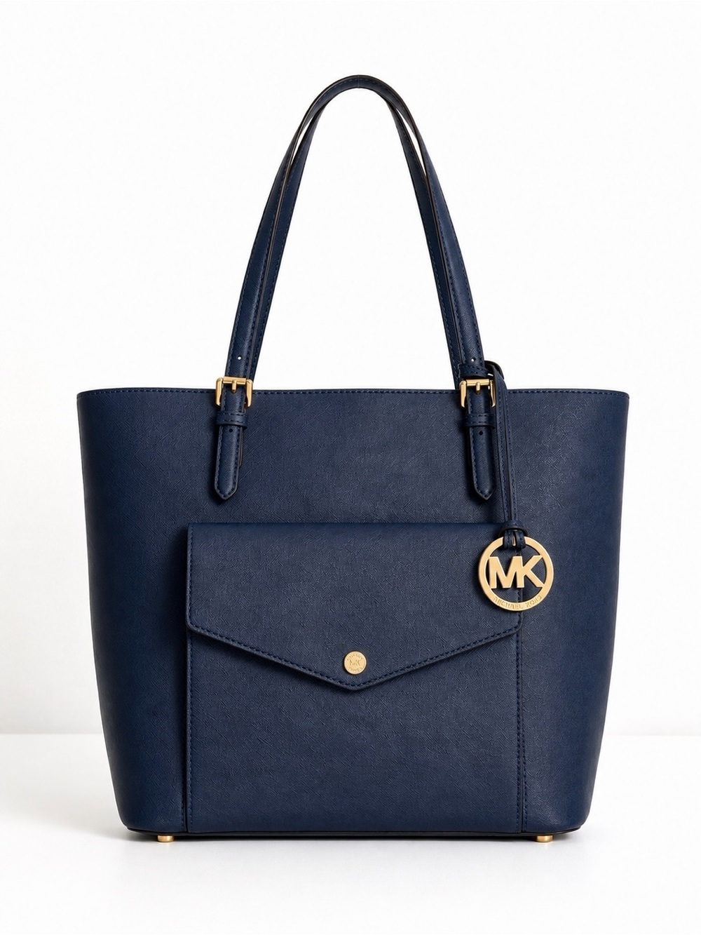 Michael Kors Jet Set Large Logo Pocket Tote - Navy Gold Work Bag